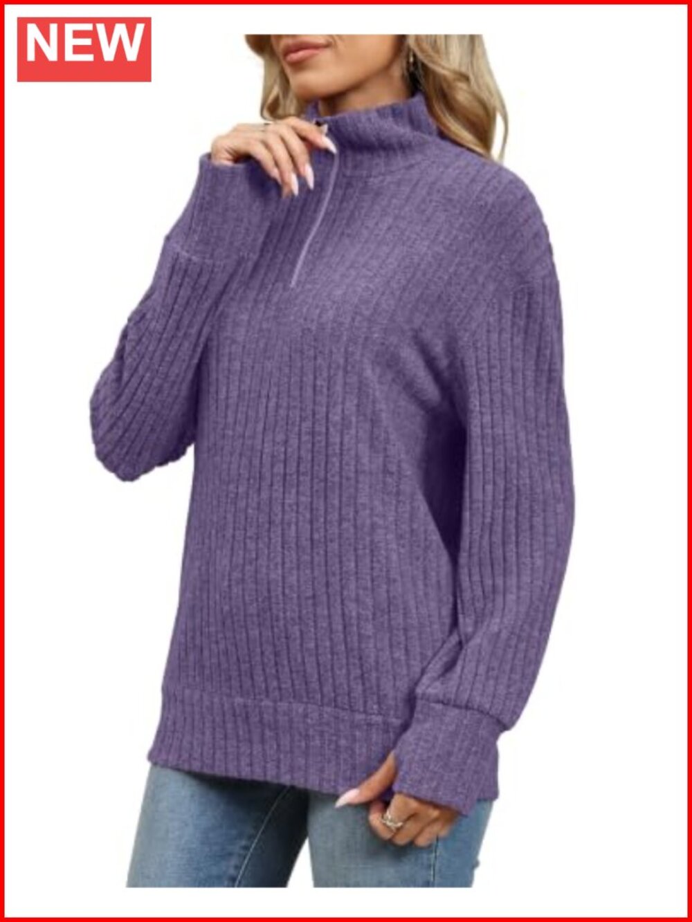 Womens Quarter Zip Pullover Sweater Long Sleeve Ribbed Thumbholes - Picture 2 of 4